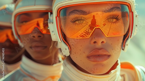 Three futuristic women donned in orange helmets and visors stand against a calming blue background, capturing a surreal blend of technology and fashion. photo
