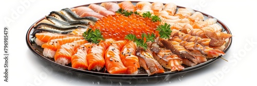 Raw fish set, salmon platter, grilled eel, balyk, red caviar, fish slices on restaurant plate isolated photo