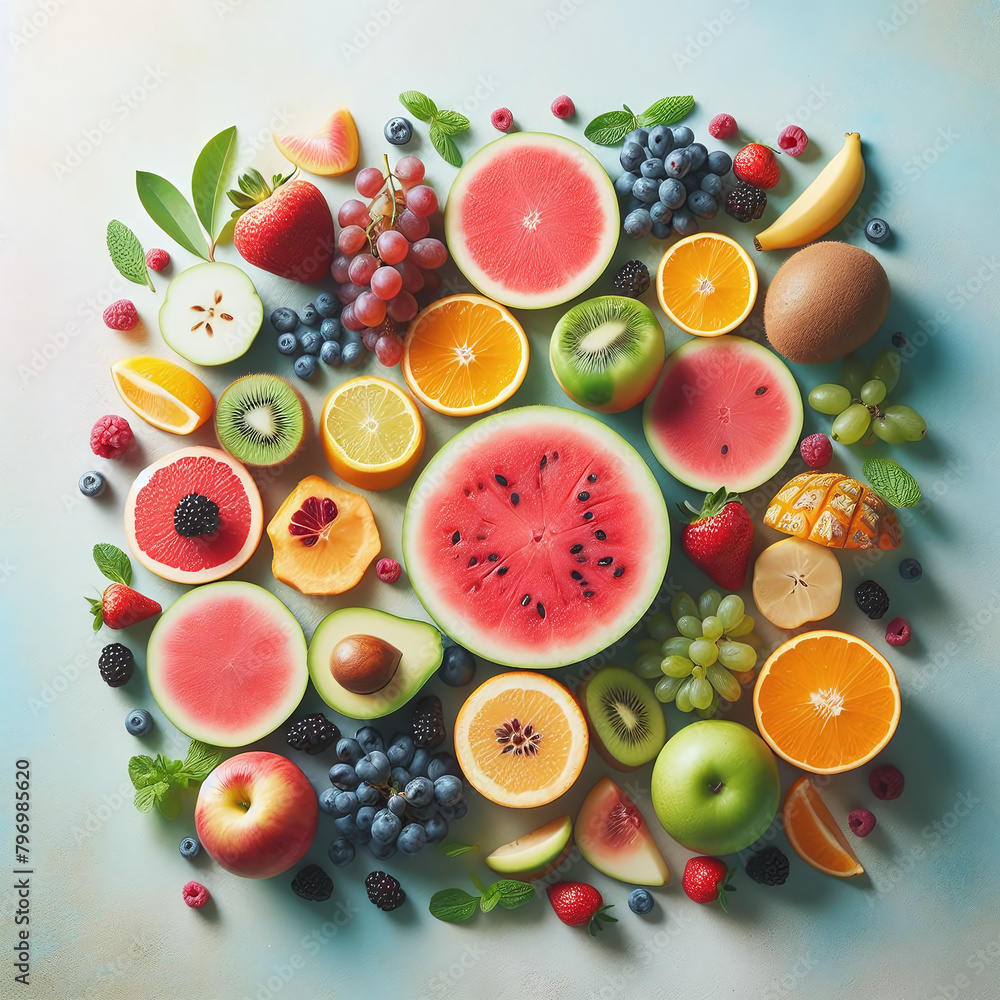Assorted fresh fruits artistically arranged on a light background, creating a vibrant and colorful pattern. Assorted fresh fruits artistically arranged on a light background, creating a vibrant and colorful pattern.