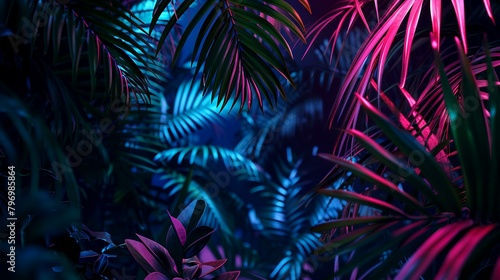 Tropical palm leaves in neon light. 3d render illustration