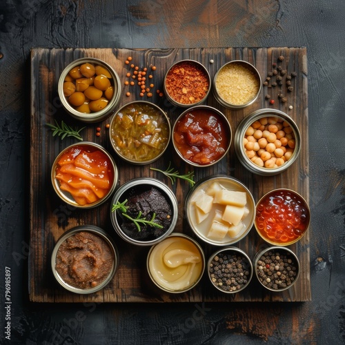 Open tin cans set, preserved products collection, canned food on wooden board top view