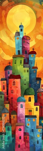 A colorful painting of a city with many buildings and a sun in the background photo