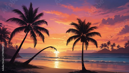 Tropical Beach Sunset, Bask in the Warm Glow of the Setting Sun as Palm Trees Silhouette Against a Colorful Sky. © xKas