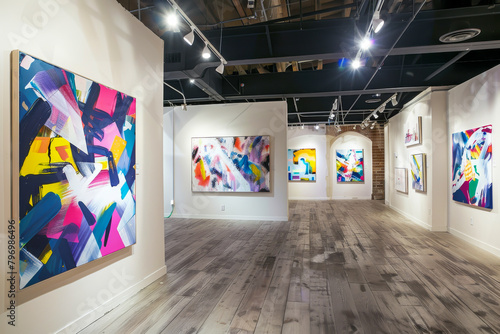 The paintings in the room are abstract and colorful, with a mix of blue, yellow photo