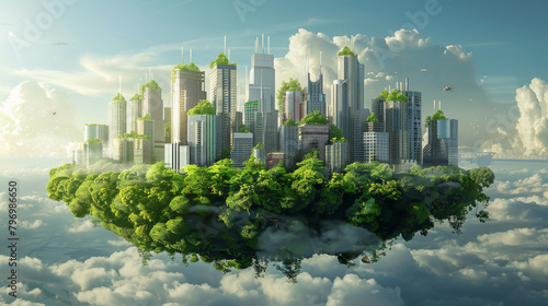 A city is floating in the sky with trees and buildings