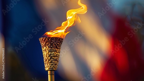 Close-up of the olympic torch lit with a vibrant flame, representing the spirit of the games photo