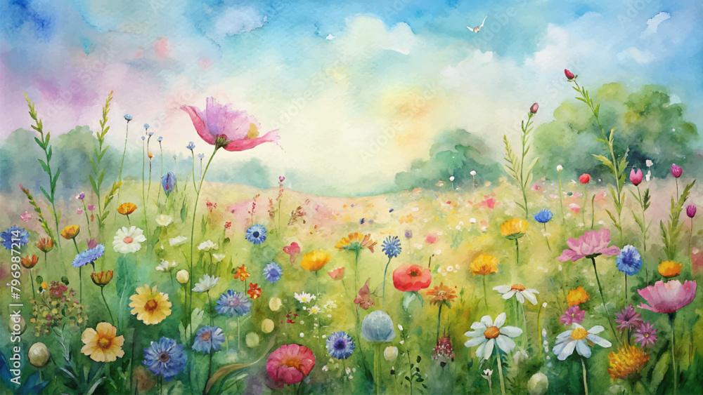 Meadow watercolor background with assorted wildflowers