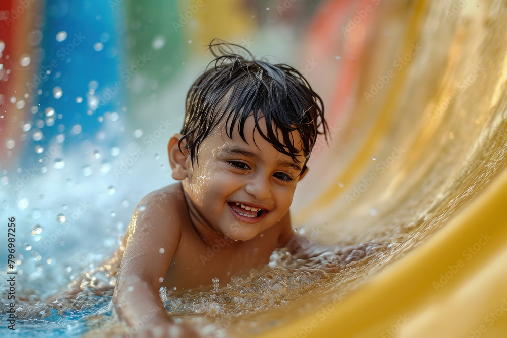 Cute little boy sliding in the water park