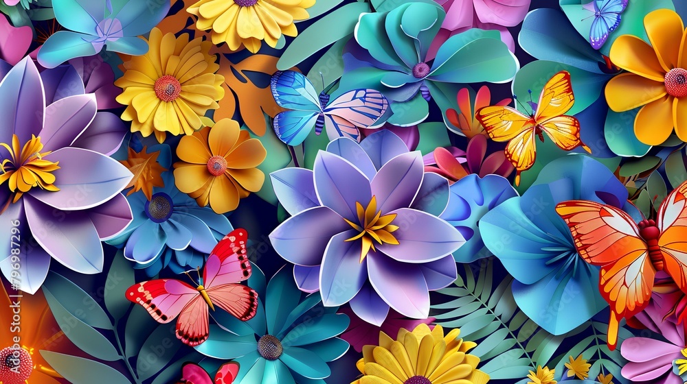 Seamless pattern with colorful flowers and butterflies. Vector illustration.