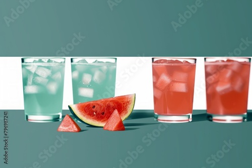 Refreshing Watermelon and Citrus Beverages in Glasses on Green Background.
