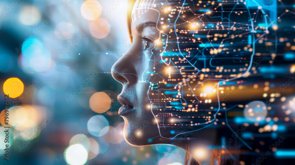 A woman's face is shown with a computer chip on it A woman's face is shown with a computer chip on it