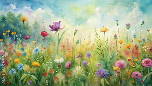 Meadow watercolor background with assorted wildflowers
