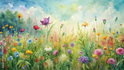 Wallpaper Mural Meadow watercolor background with assorted wildflowers Torontodigital.ca