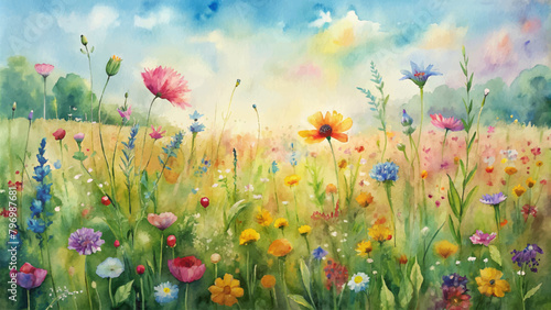 Meadow watercolor background with assorted wildflowers © Fauzi Arts