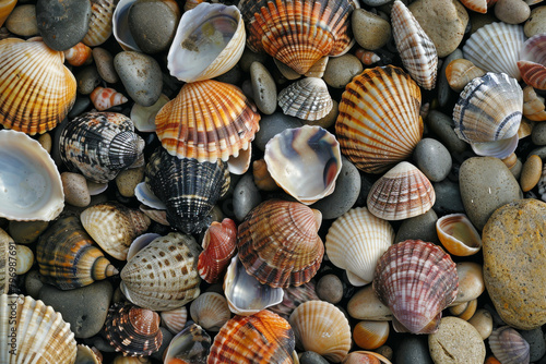 A pile of shells and rocks with a variety of colors and sizes
