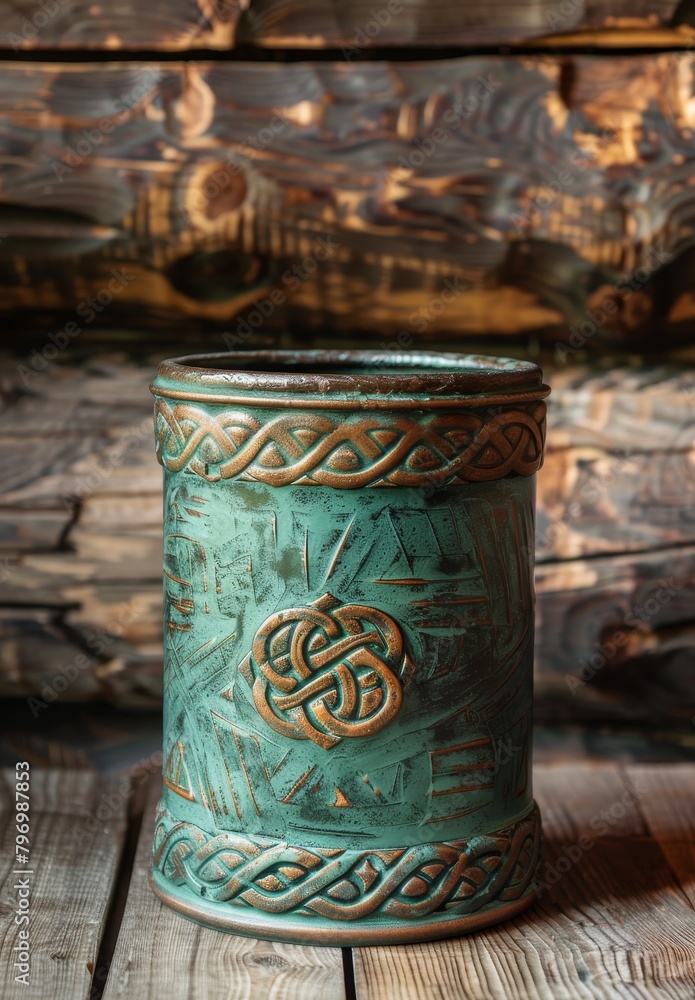 Antique Celtic Pattern Vase on Wooden Background Antique Celtic Pattern Vase on Wooden Background