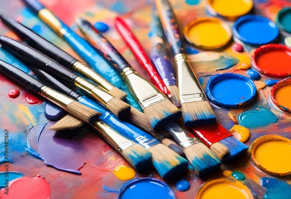 Artist's Paintbrushes, Colorful artist brushes and paint. Artist's Paintbrushes, Colorful artist brushes and paint.