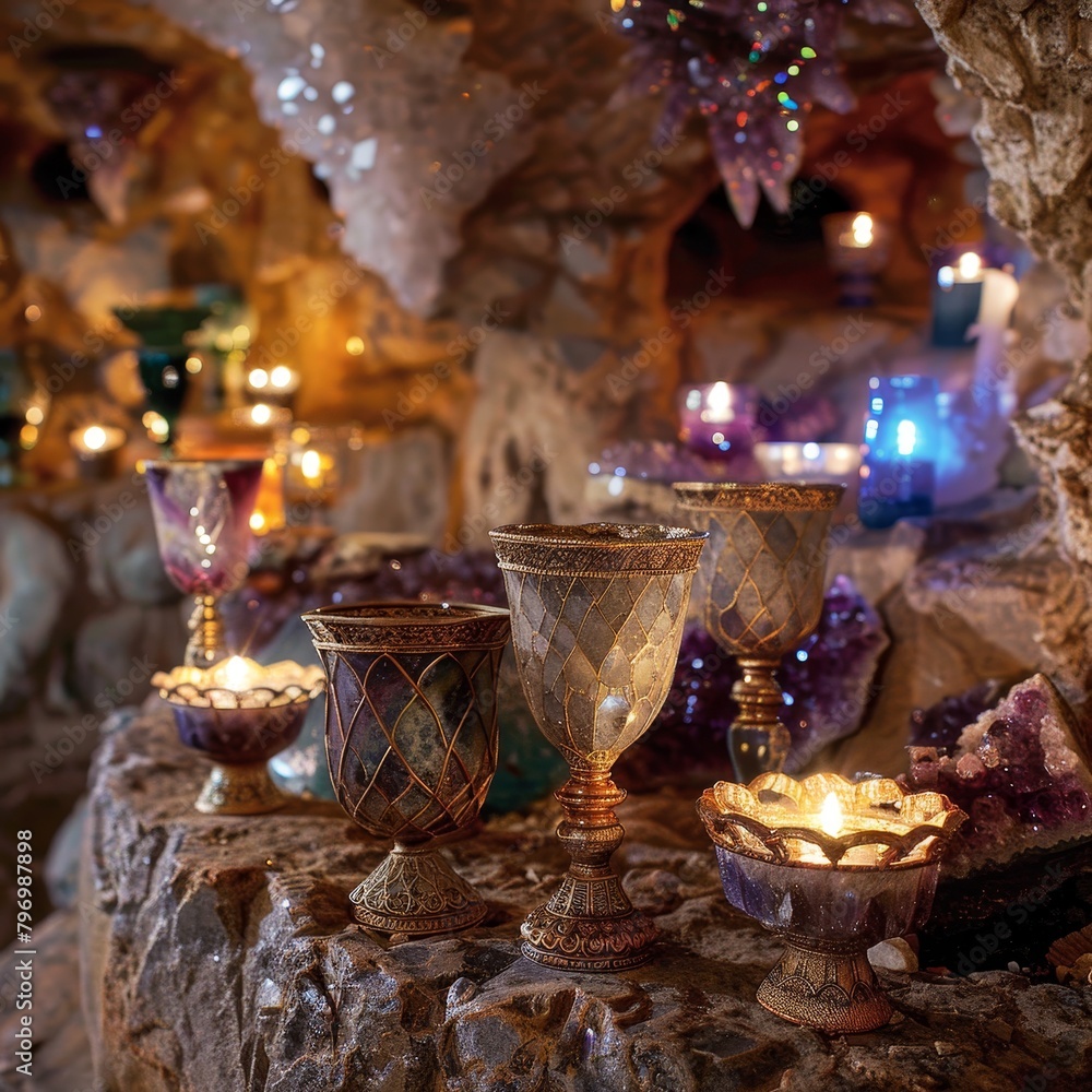 Enchanted Crystal Cave with Illuminated Vintage Goblets