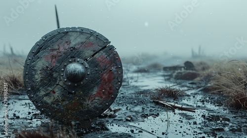 Abandoned Viking Shield in a Misty Battlefield