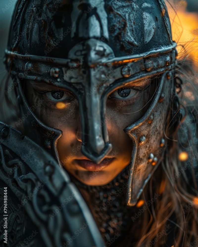 Intense warrior in armor gazing fiercely