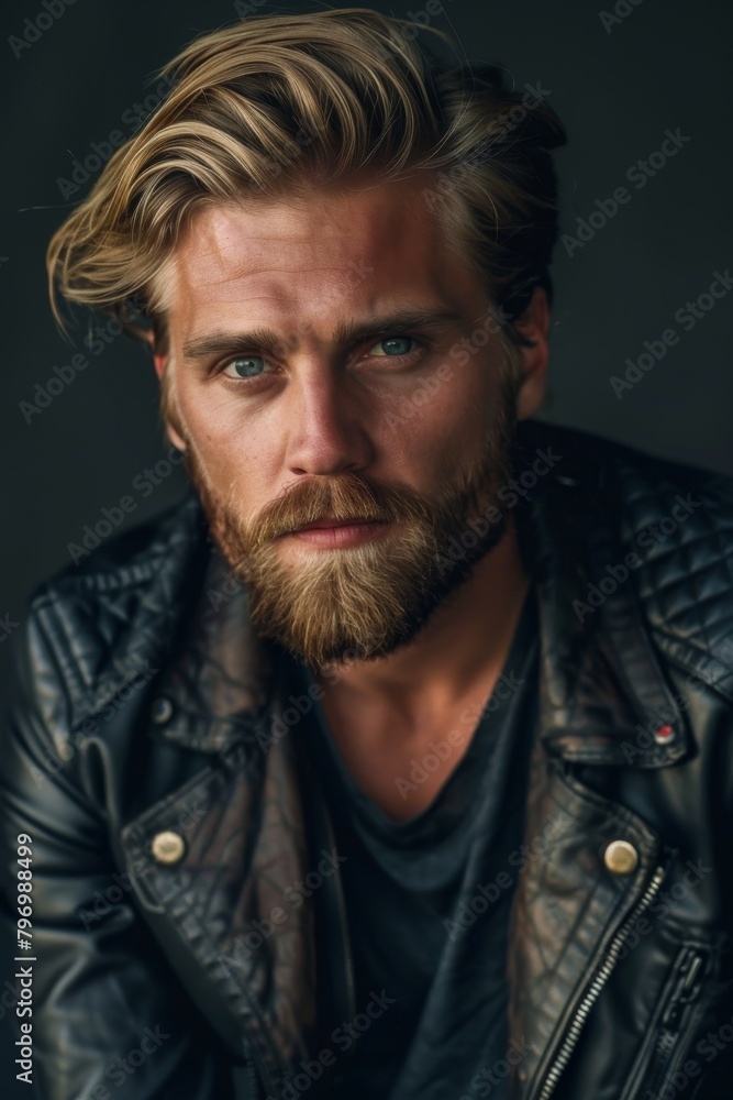 Handsome young man with beard wearing leather jacket