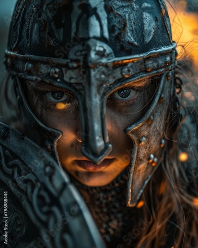 Intense warrior in armor gazing fiercely