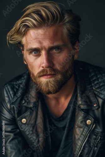 Handsome young man with beard wearing leather jacket