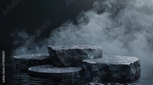 Abstract minimal concept. Dark background with natural granite stones podium on water and smoke surrounding. Mock up template for product presentation. 3D rendering. copy text space