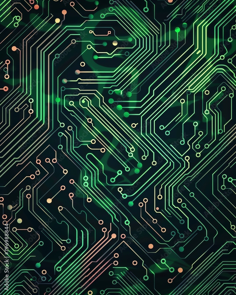 Green circuit board background, technology pattern for mobile phone wallpaper or web design Rembrandt lighting