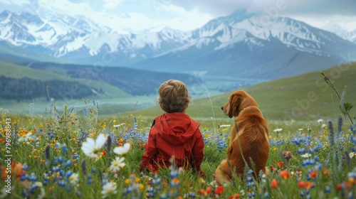Back view of a kid and a dog sit together in wild flowe field with snow mountain