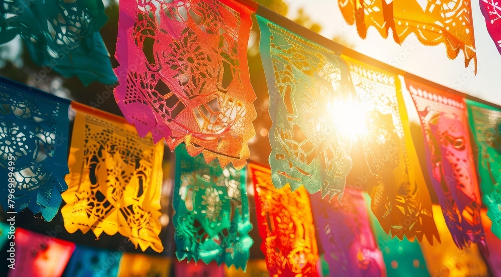 Colorful traditional papel picado banners fluttering in the sunlight