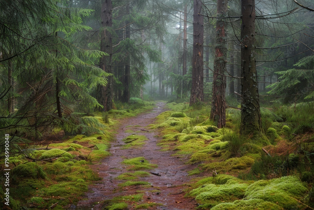 Obraz premium Misty Forest Path with Lush Green Moss