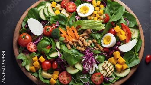 Vibrant Vegetarian Delight, Explore the Fresh and Colorful Array of Ingredients in a Sumptuous Vegetarian Salad, Captured from a Bird's Eye View. © xKas