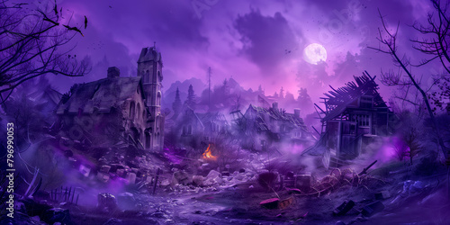 Eerie fantasy landscape with a purple moon