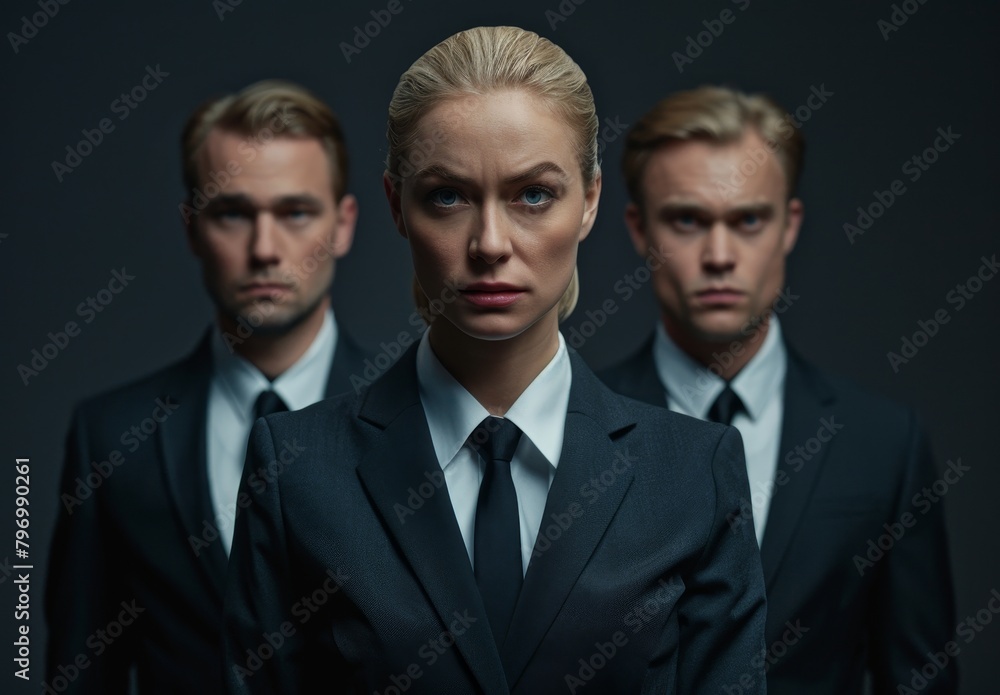 Professional team in dark suits posing with serious expressions Professional team in dark suits posing with serious expressions