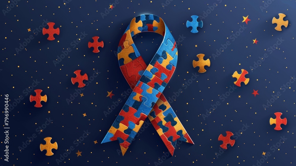 Obraz premium Symbolic blue ribbon with puzzle pieces represents world autism awareness day on a dark background