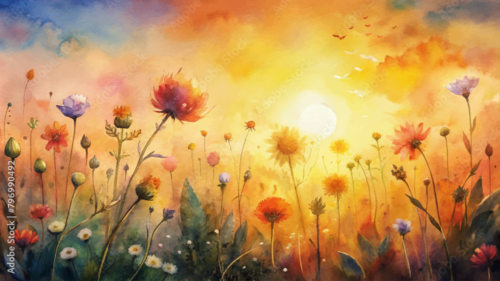 Watercolor background of wild flowers in the sunlight Watercolor background of wild flowers in the sunlight