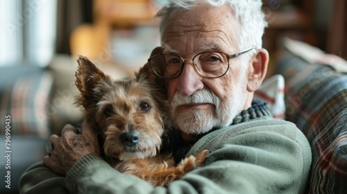 Senior person with a dog as companion at home photo