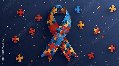 Symbolic blue ribbon with puzzle pieces represents world autism awareness day on a dark background © alphaspirit