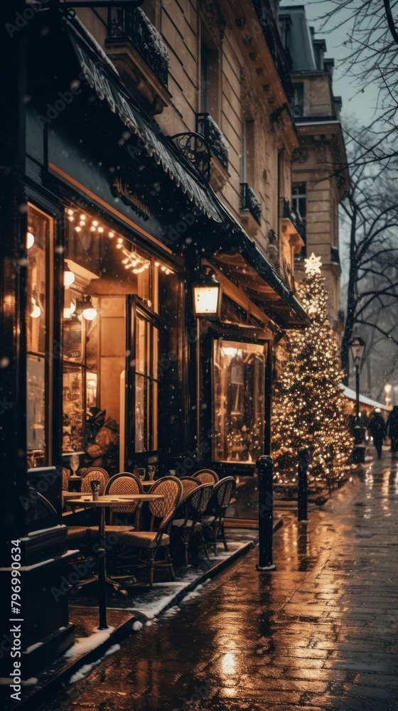 Cold winter night christmas light city.