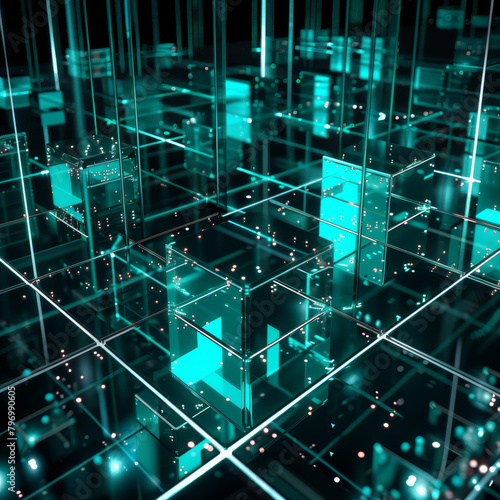 Abstract 3D cubes in a neon grid network