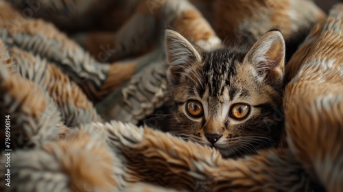 Curious Kitten Peeking Out from a Fluffy Blanket