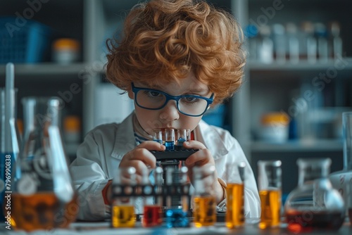little scientist looking through a microscope and test tubes filled with chemicals for learning about science and experiments photo
