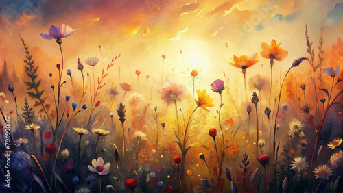 Watercolor background of wild flowers in the sunlight