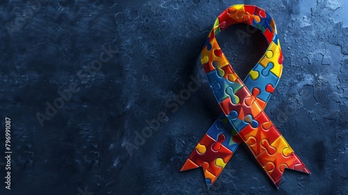 Colorful puzzle piece ribbon representing global autism awareness day on textured blue backdrop
