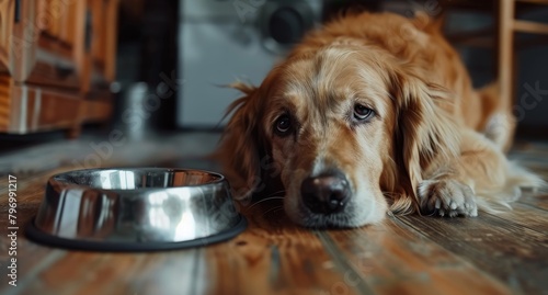 Golden Retriever waiting patiently by an empty food bowl