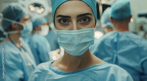 Focused female surgeon in operating room with team