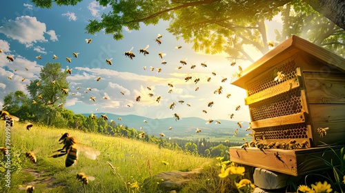 Flying bees near a wooden beehive