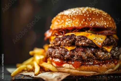 Juicy double cheeseburger with bacon and fries photo