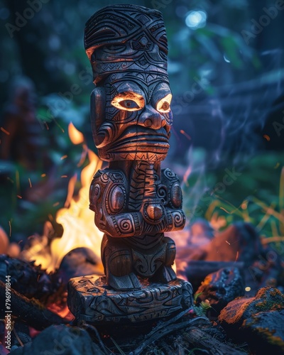 Mystical Tiki Statue by a Campfire at Night